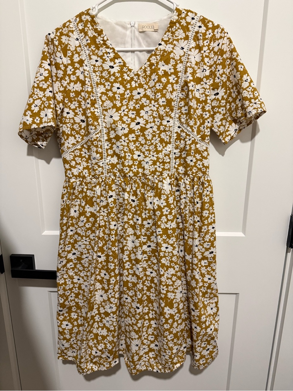 Roolee Mustard Floral Lace-Trim V-Neck Dress